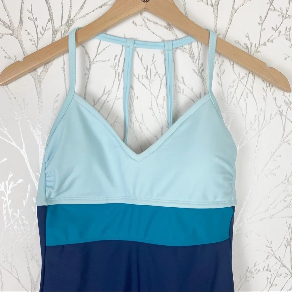 KONA SOL Blue Colorblock Open Back One Piece Swimsuit NWT Small